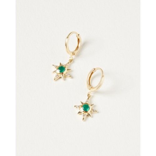 Solar Star & Green Gem Gold Plated Drop Huggie Earrings | Oliver Bonas