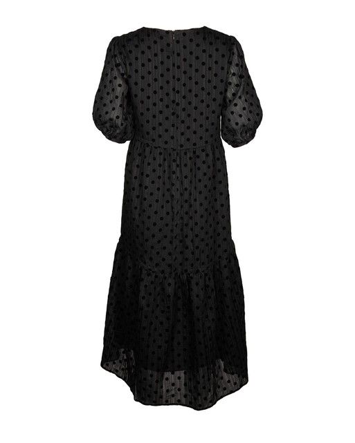 Textured Polka Dot Black Tiered Midi Dress | Oliver Bonas